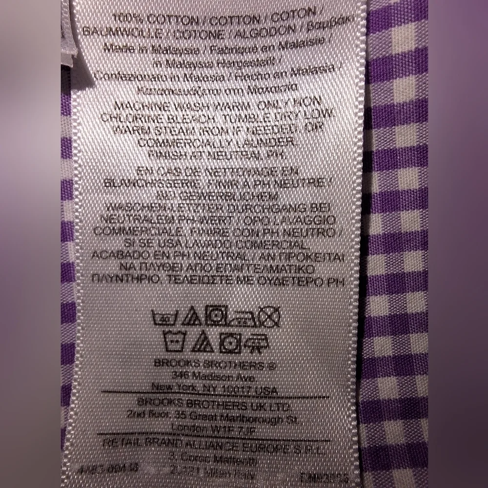 A Brooks Brothers purple plaid long sleeve button-down shirt in a men's medium. - Picture 3 of 7